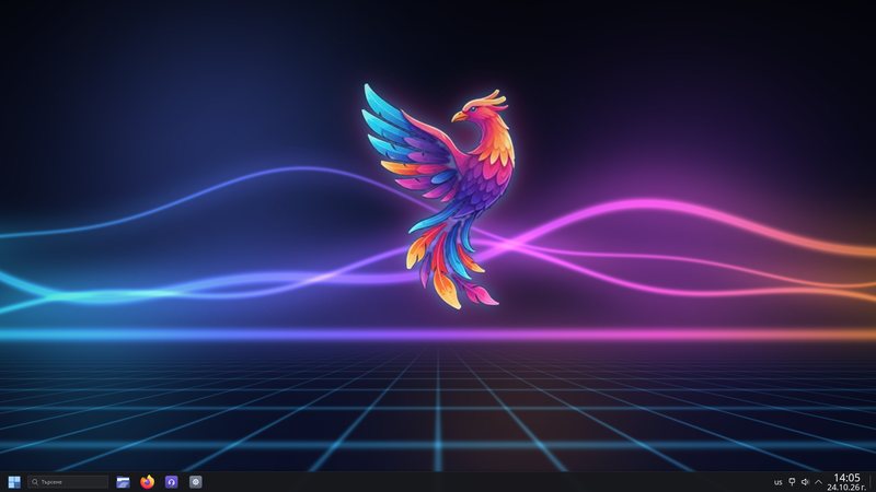 Desktop Theme 10 scuro con lo sfondo della fenice e una barra delle applicazioni a tutta larghezza