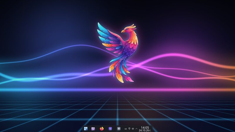 Desktop Theme 11 scuro con lo sfondo della fenice di PhoenixCore e una barra delle applicazioni compatta e centrata