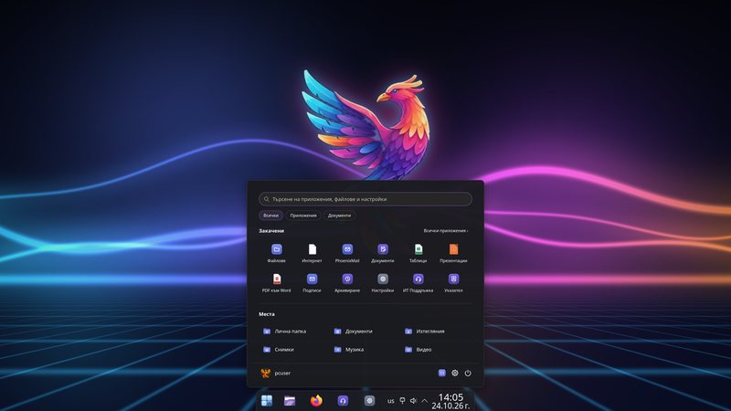 Desktop Theme 11 scuro con il menu Start di PhoenixCore centrato aperto: ricerca, app fissate e posizioni; barra delle applicazioni compatta in basso